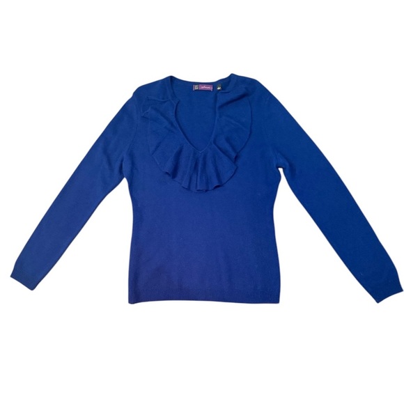 Saks Fifth Avenue Sweaters - Saks 5th Avenue 100% Cashmere Blue Ruffle front Vneck L/S Sweater Size Large